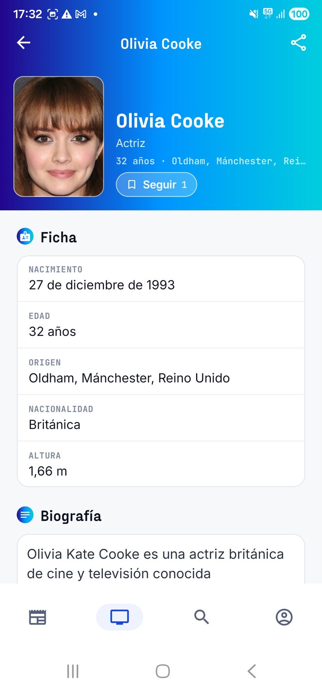 Ficha de la actriz Olivia Cooke en la app de Android, con su foto, el botón Seguir y los apartados Ficha y Biografía