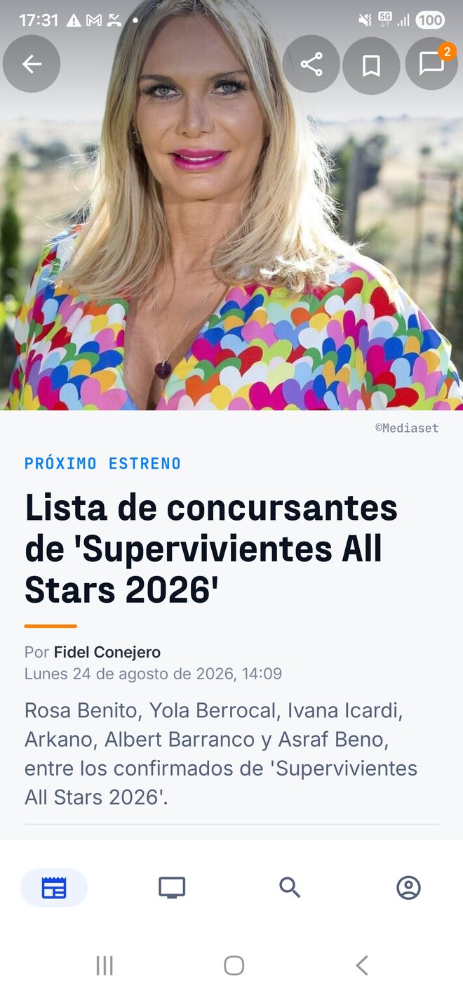 Noticia abierta en la app de Android, con los botones de compartir, guardar y comentarios, que marca 2, sobre la foto