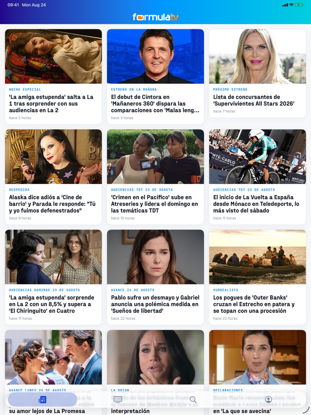 La Portada de la app en un iPad en vertical, con las noticias en tres columnas de tarjetas