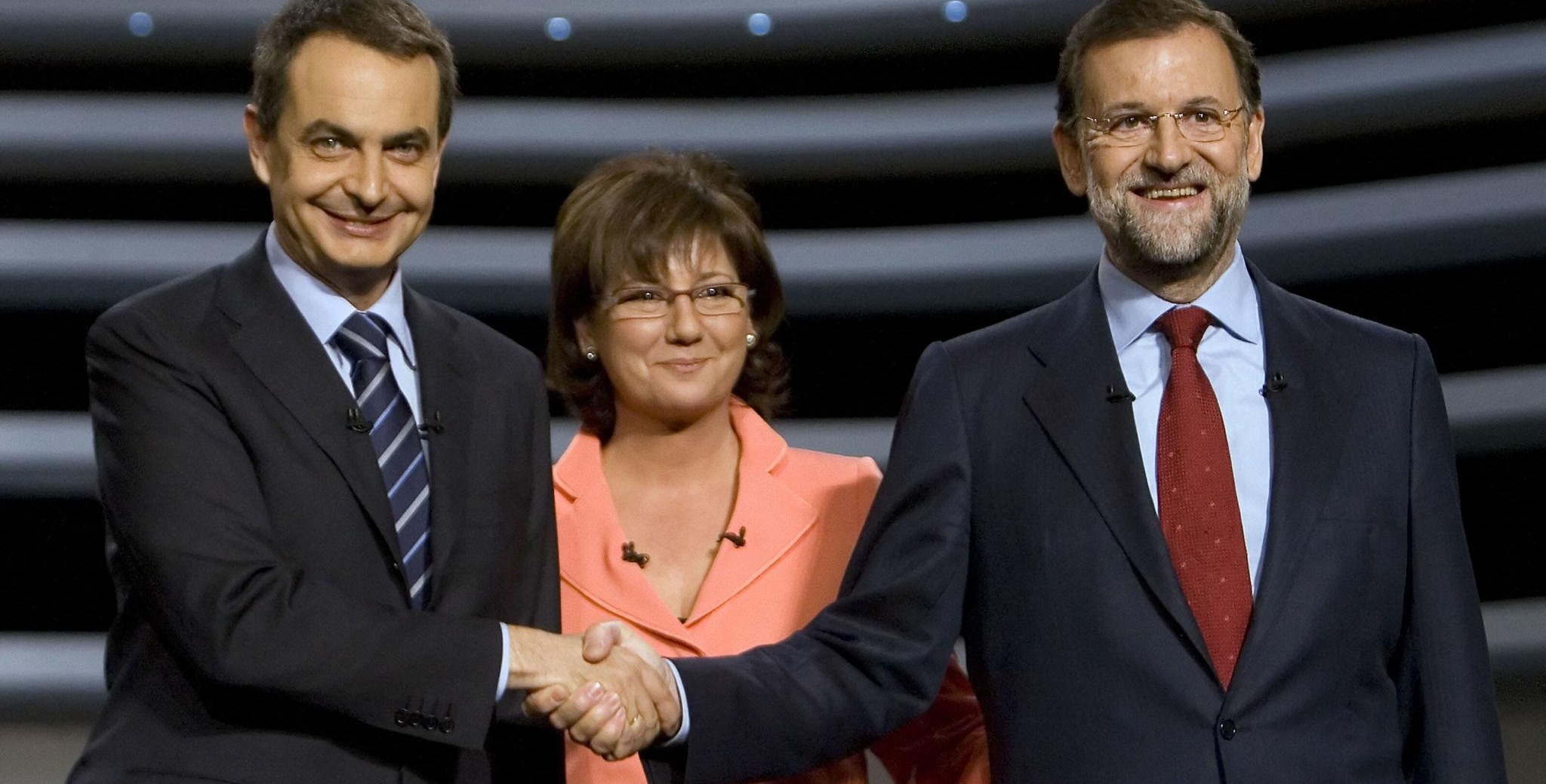 Zapatero y Rajoy, con Olga Viza, en el debate de la Academia de la TV en 2008