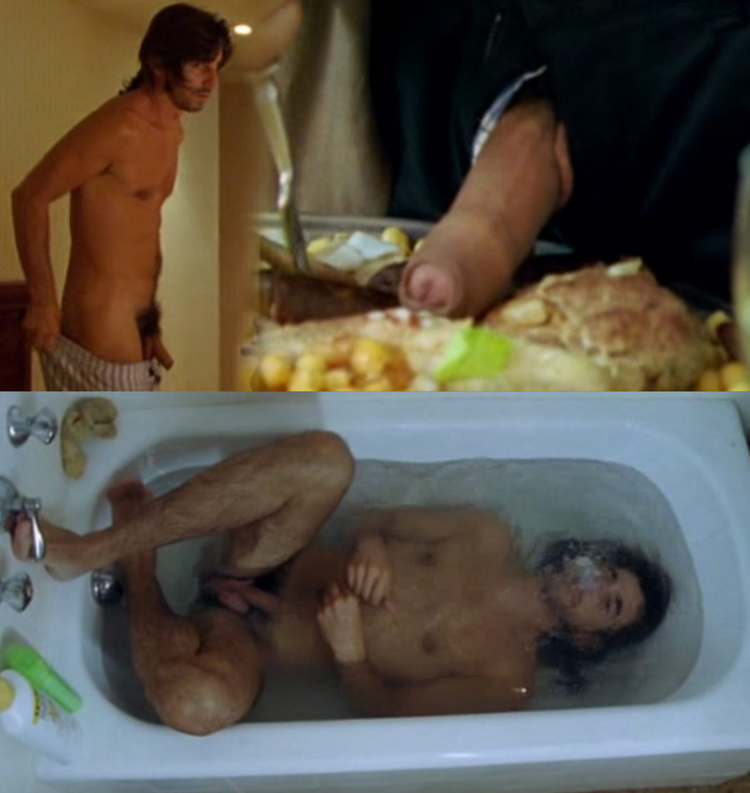 Santi Millán, totalmente desnudo, mostrando el pene en "Amor idiota"