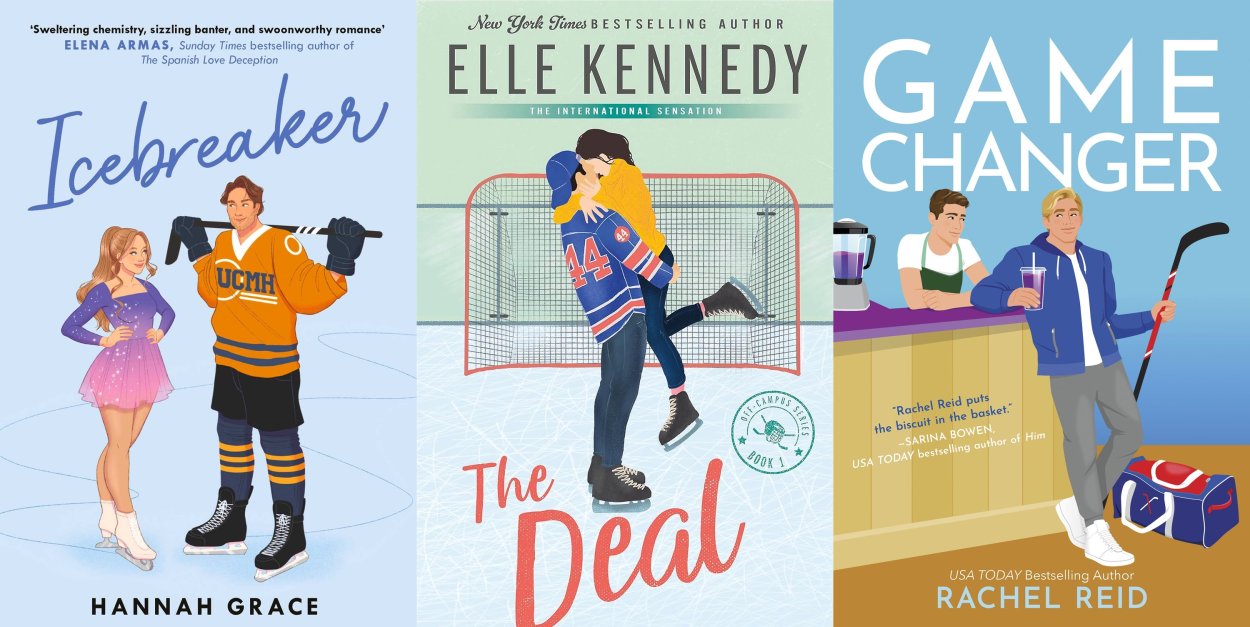 Las portadas de los libros de las tres series: 'Icebreaker', 'Off Campus' y 'Heated Rivalry'