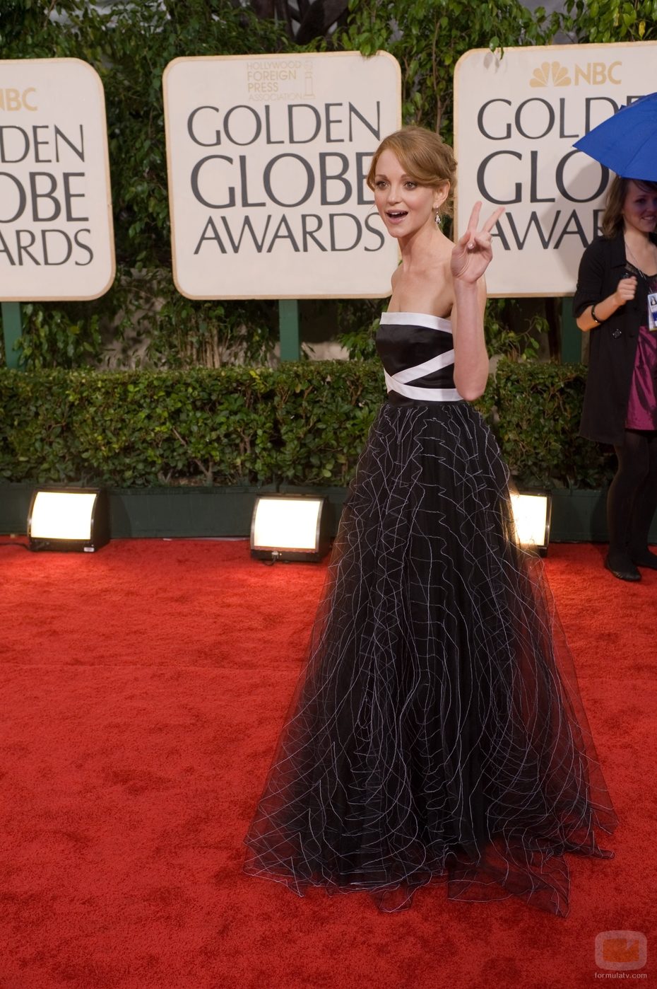 Jayma Mays en los Globos de Oro 2010