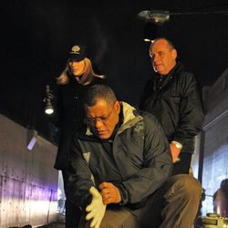 Laurence Fishburne con un cadáver en 'CSI'