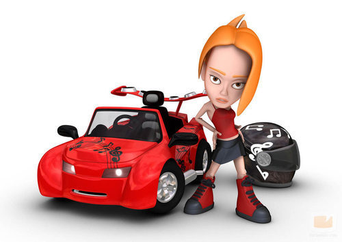 Tina, con su coche rojo