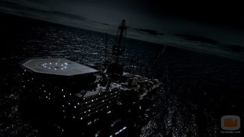 Maqueta de la fortaleza de 'La fuga', en el mar de noche