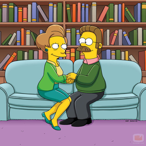 Edna Krabappel y Ned Flanders en la temporada 22 de 'Los Simpson'
