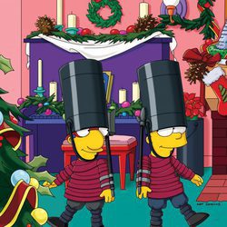 Milhouse y Bart Simpson disfrazados de la guardia inglesa en la temporada 22 de 'Los Simpson'