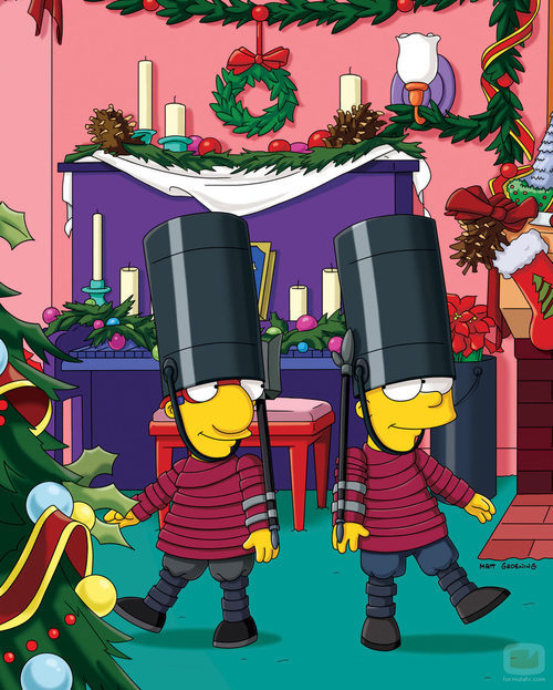 Milhouse y Bart Simpson disfrazados de la guardia inglesa en la temporada 22 de 'Los Simpson'