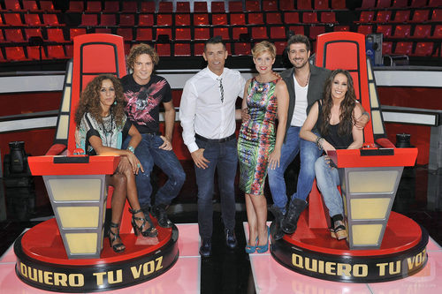 Los coaches de 'La voz', con Jesús Vázquez y Tania Llasera