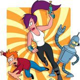 Leela, Bender y Fry volando en la imagen promocional de 'Futurama'