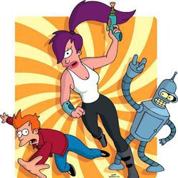 Leela, Bender y Fry volando en la imagen promocional de 'Futurama'
