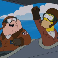 Peter Griffin y Homer Simpson pilotando un avión