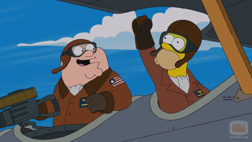 Peter Griffin y Homer Simpson pilotando un avión