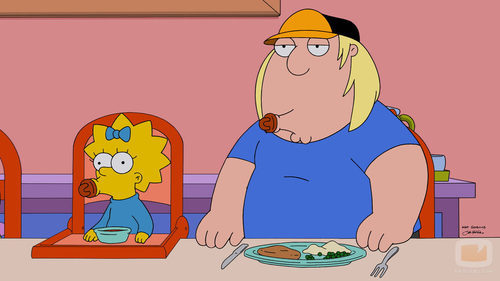 Chris Griffin con el chupete de Maggie Simpson