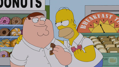 Peter Griffin y Homer Simpson comparten donuts