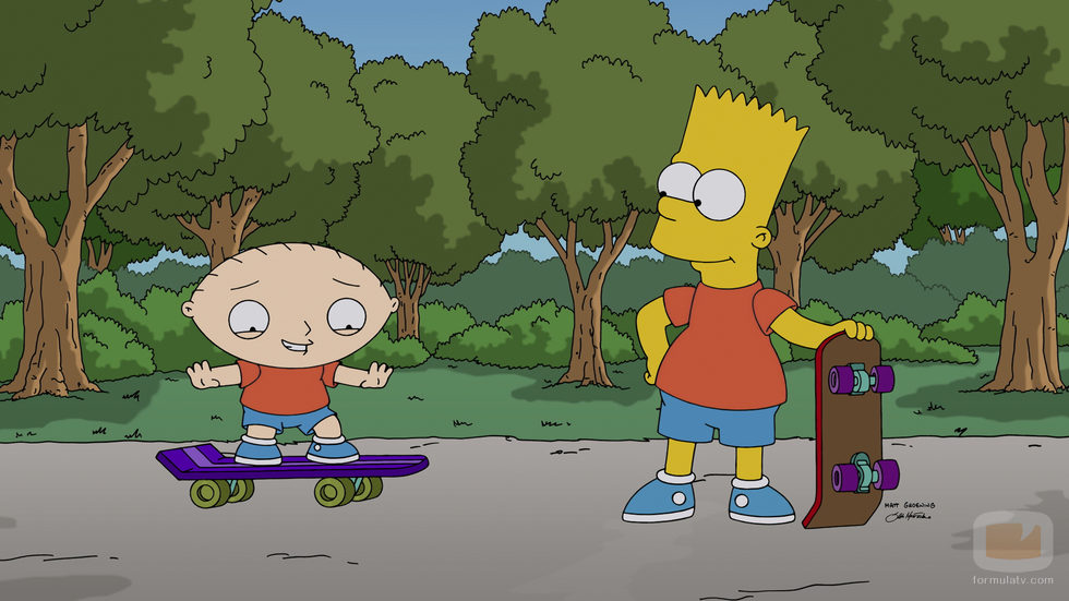 Bart Simpson enseña el monopatín a Stewie Griffin