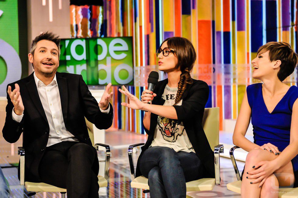 Frank Blanco, Ana Morgade y Sara Escudero en la rueda de prensa del primer aniversario de 'Zapeando'