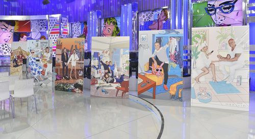 Los retratos diseñados por Javier Mariscal, expuestos en el plató de 'Sálvame'