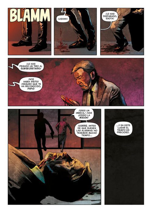 Página del cómic de 'El Ministerio del Tiempo' en la que Salvador Martí es asesinado