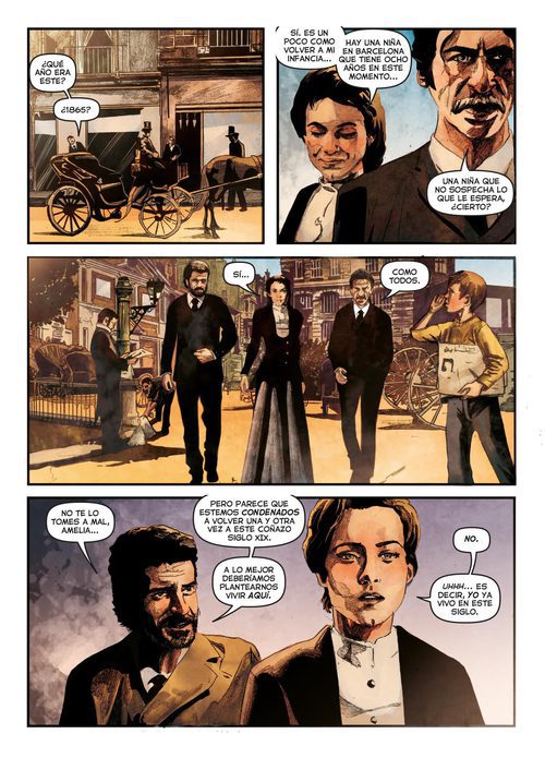 Amelia, Julián y Alonso viajan al año 1865 en una de las páginas del cómic de 'El Ministerio del Tiempo'