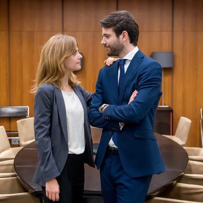 Jon Arias y Alba Ribas posan en los decorados de 'Derecho a soñar' de La 1