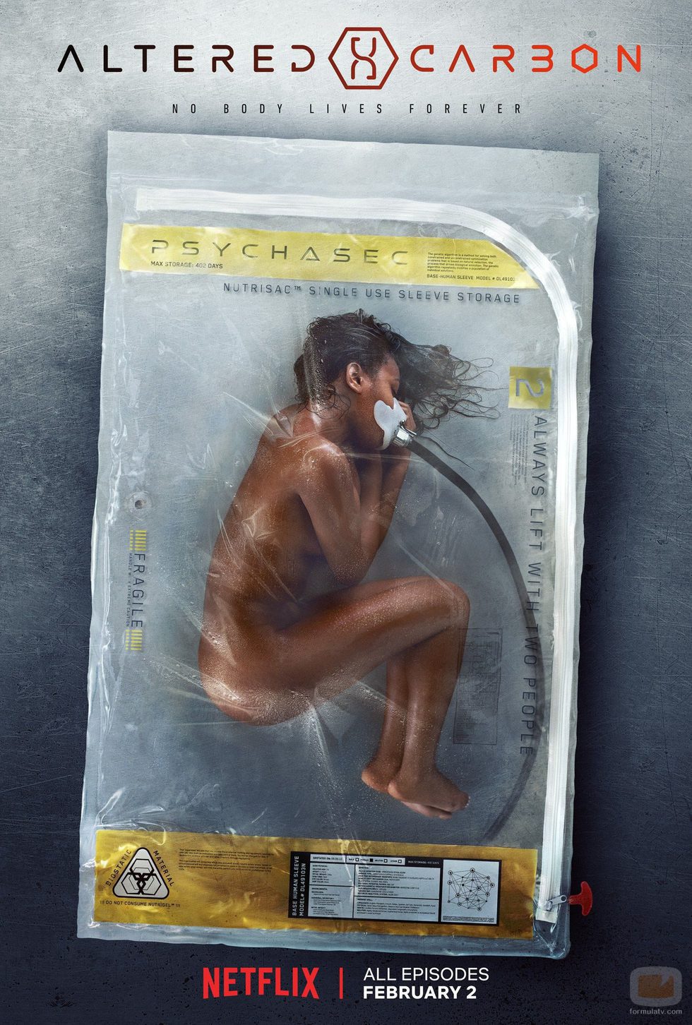 Cartel de 'Altered Carbon' con un cuerpo humano envasado al vacío