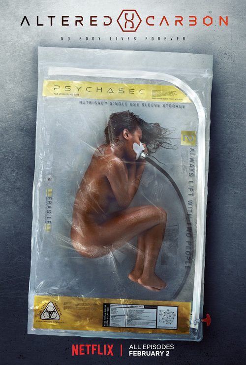 Cartel de 'Altered Carbon' con un cuerpo humano envasado al vacío