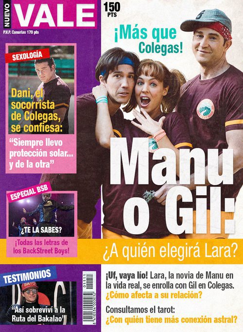 Manuel Feijóo, Lara de Miguel y Fernando Gil en la portada ficticia de Nuevo Vale para 'Colegas'