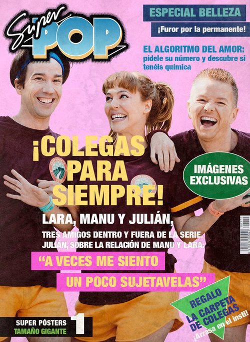 Manuel Feijóo, Lara de Miguel y Julián González en la portada ficticia de Super Pop para la promoción de 'Colegas'