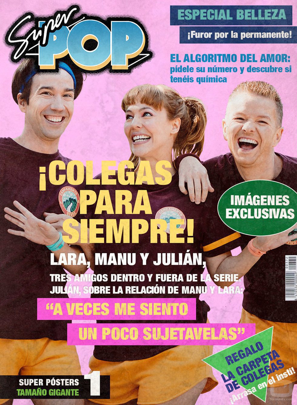 Manuel Feijóo, Lara de Miguel y Julián González en la portada ficticia de Super Pop para la promoción de 'Colegas'