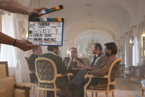 Actores de 'Fariña' grabando una de las secuencias de la serie