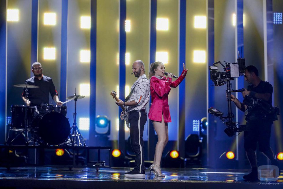 Eye Cue, representantes de Macedonia en Eurovisión 2018, durante su primer ensayo