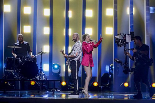 Eye Cue, representantes de Macedonia en Eurovisión 2018, durante su primer ensayo