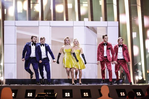 Las representantes de Moldavia, DoReDoS, en su primer ensayo de Eurovisión 2018