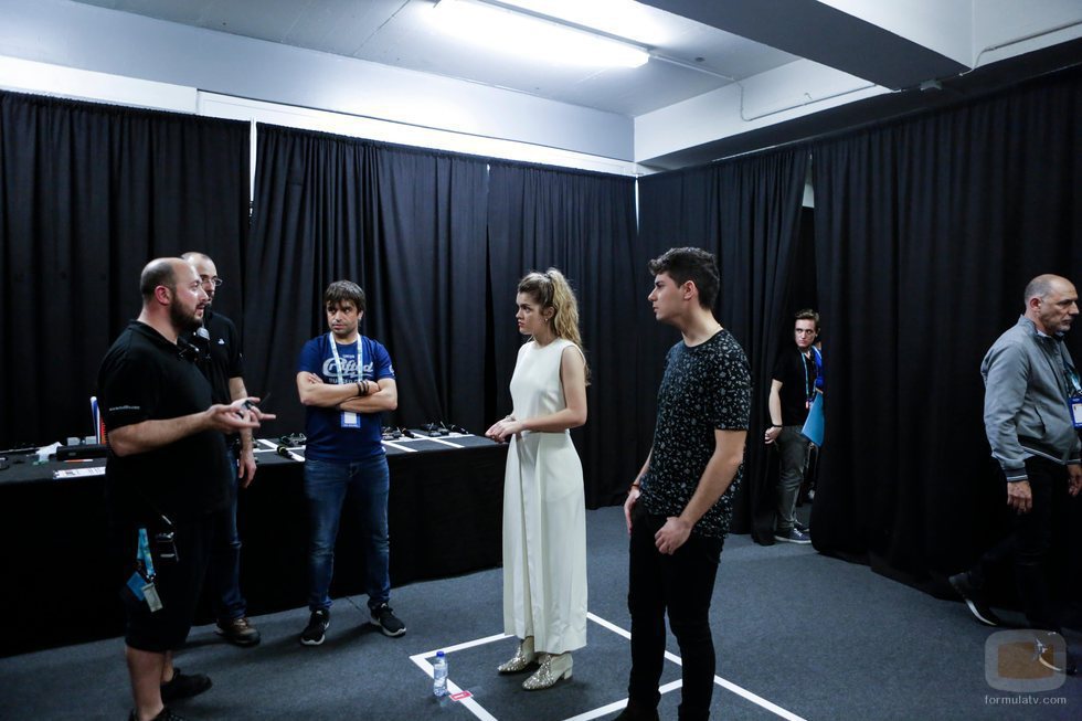 Amaia, Alfred y Manu Guix antes del primer ensayo en Eurovisión 2018