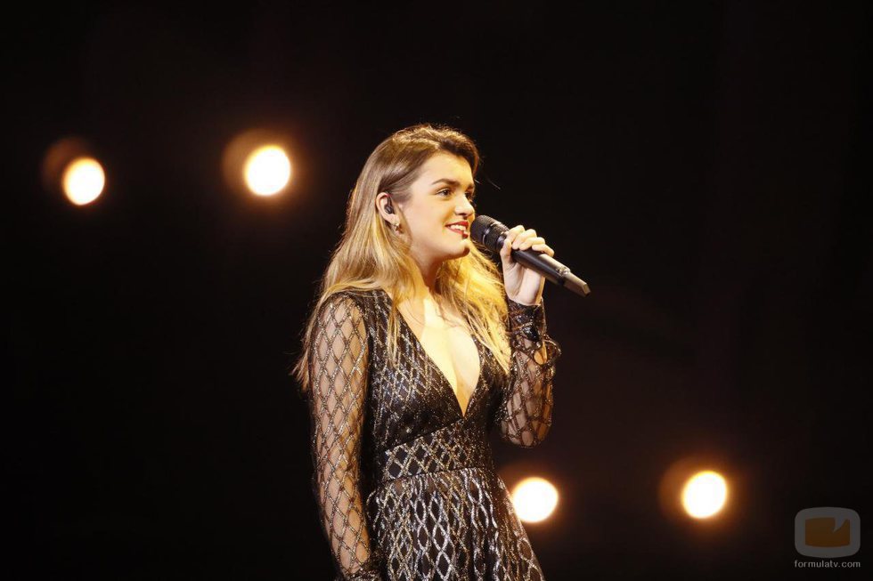 Amaia durante el segundo ensayo sobre el escenario de Eurovisión 2018