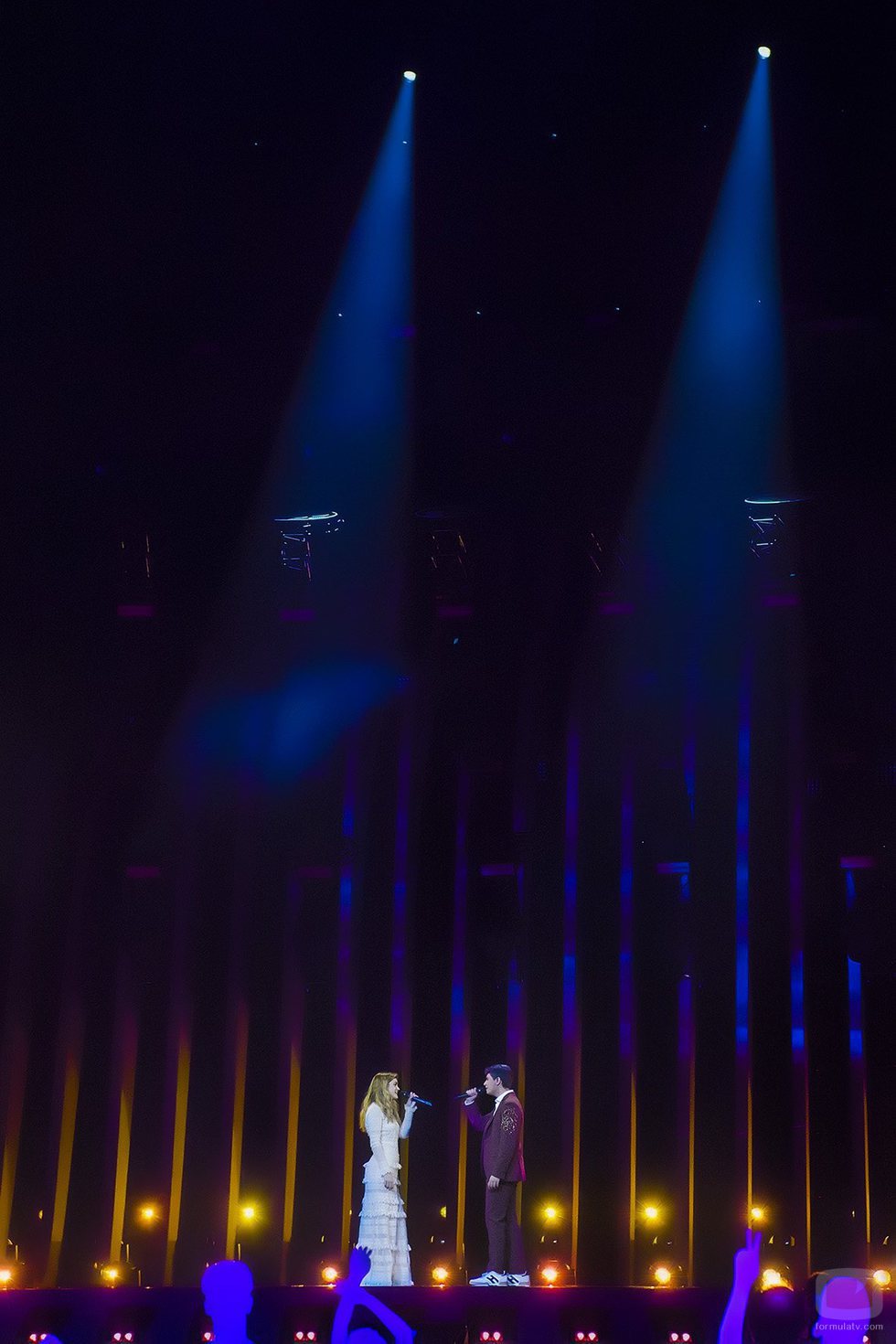 Plano general durante el tercer ensayo de Alfred y Amaia en el Festival de Eurovisión 2018