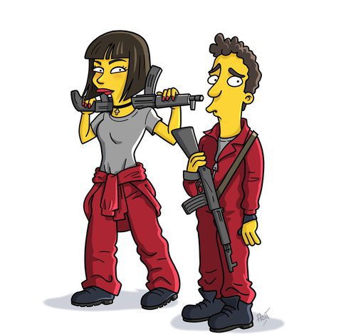 La versión simpsonizada de Tokio y Río, personajes de 'La Casa de Papel'