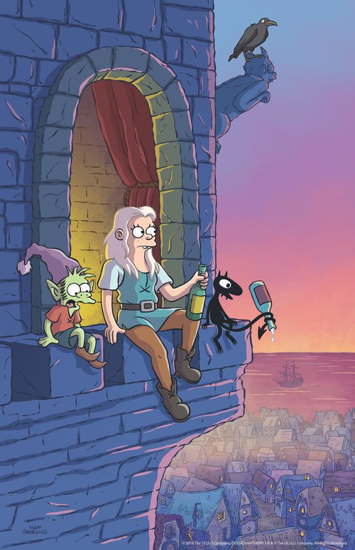 Bean, Elfo y Luci bebiendo en la ventana del castillo de Dreamland en '(Des)encanto'