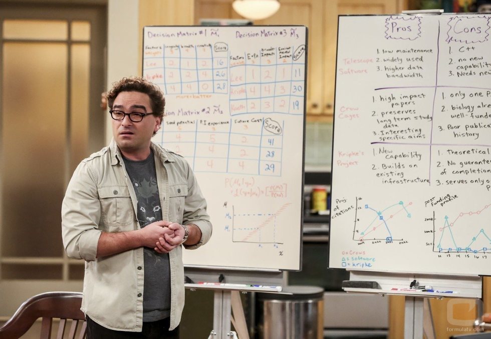 Leonard junto a dos pizarras en la temporada 12 de 'The Big Bang Theory'
