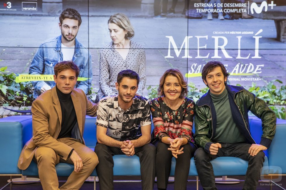 Carlos Cuevas, David Solans, María Pujalte y Pablo Capuz en la rueda de prensa de 'Merlí: Sapere Aude' en Barcelona