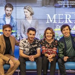 Carlos Cuevas, David Solans, María Pujalte y Pablo Capuz en la rueda de prensa de 'Merlí: Sapere Aude' en Barcelona