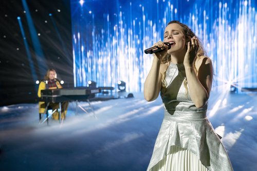 Sigrit y Lars en el escenario de 'Festival de la Canción de Eurovisión: La historia de Fire Saga'