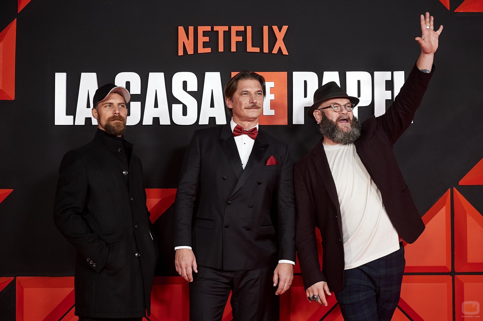 José Manuel Poga, Luka Peros y Darko Peric, en el evento final de 'La Casa de Papel'