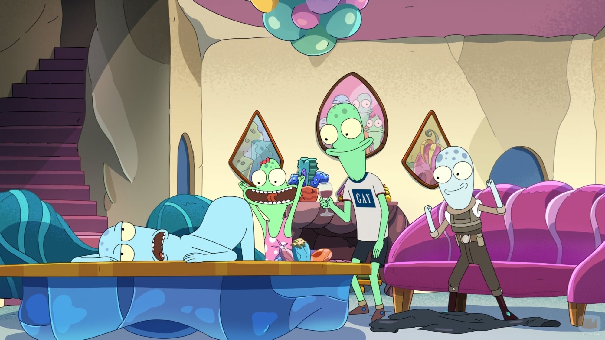 Capítulo 1 titulado 'Los cascos para cenar clervixianos' de 'Solar Opposites'