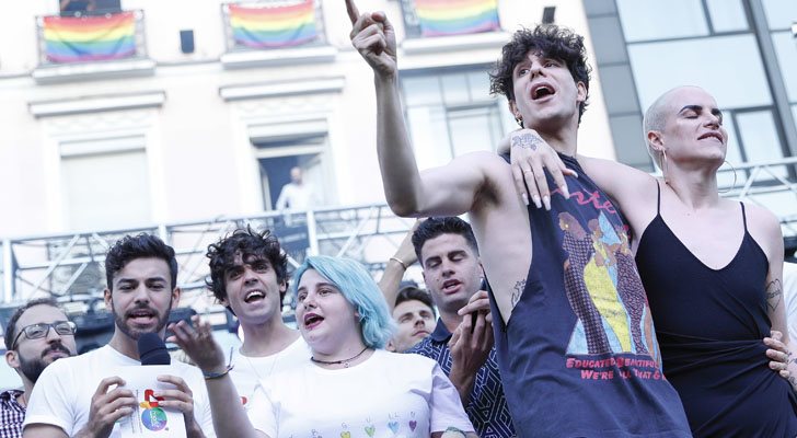 Los Javis, Agoney, Marina y Jedet durante el pregón del Orgullo LGBT+ 2018 en Madrid