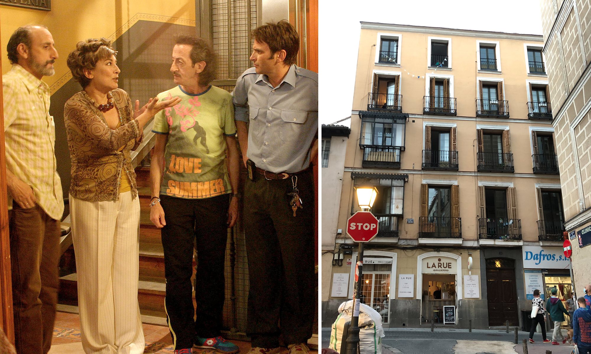 Personajes de 'Aquí no hay quien viva' y el edificio real en Madrid