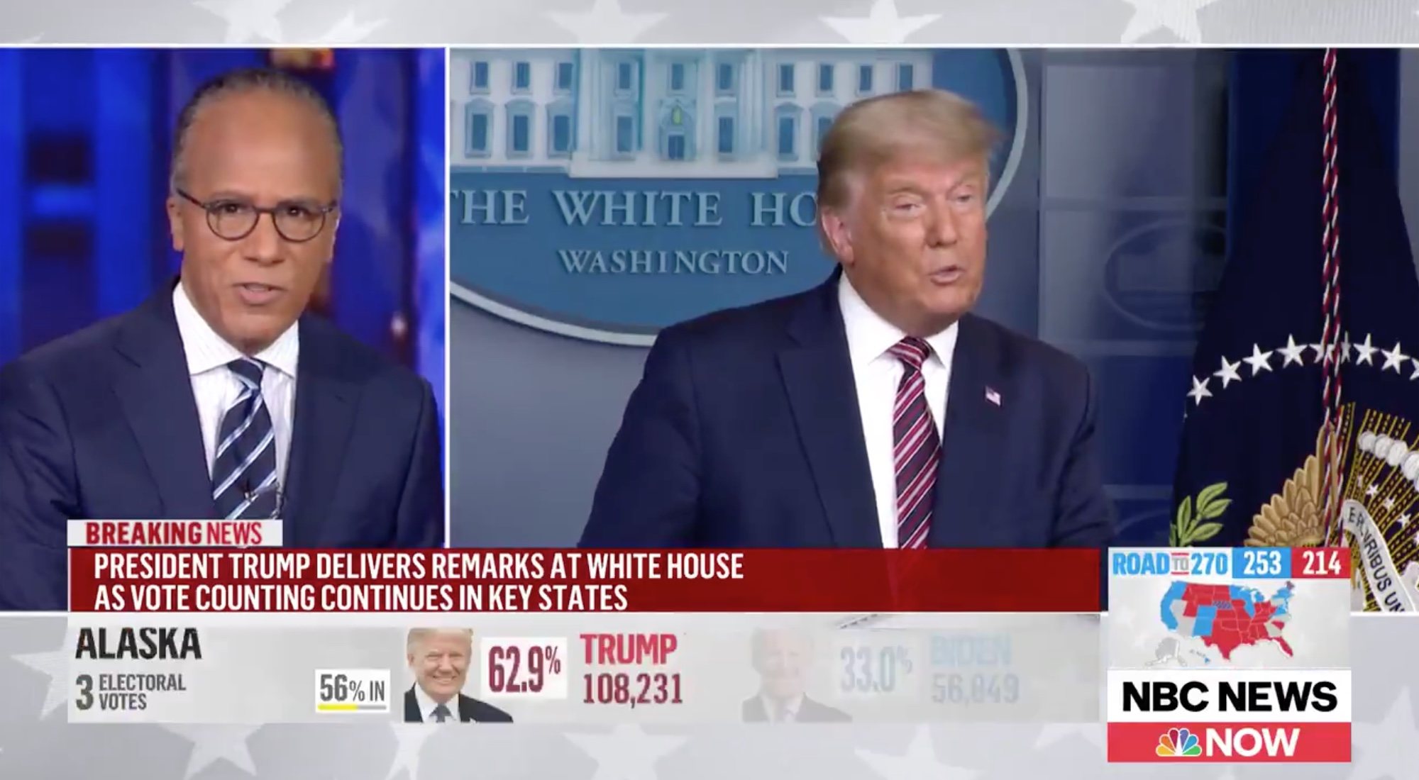 Lester Holt interrumpe la comparecencia de Trump en directo (NBC)