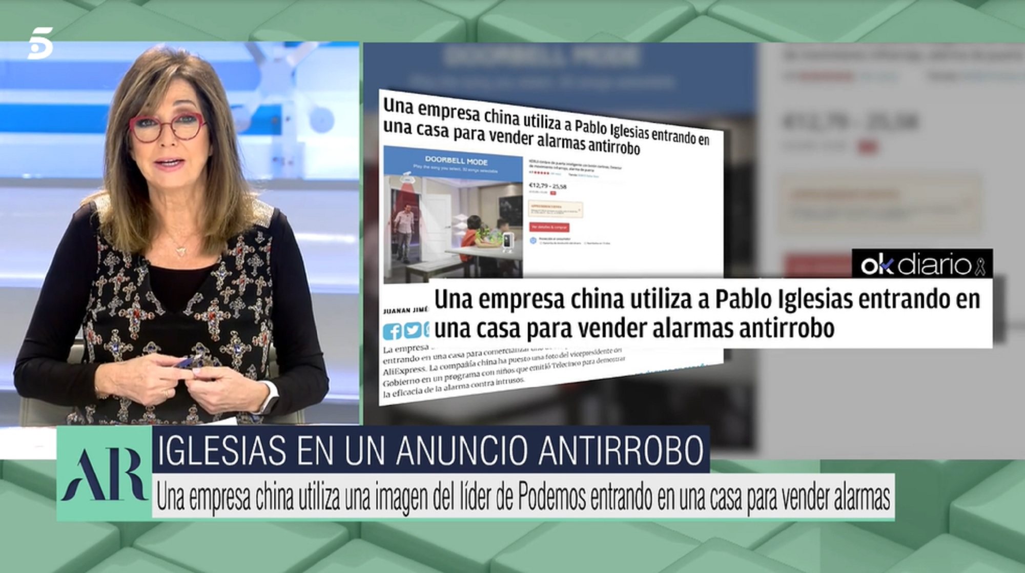 Ana Rosa Quintana explica que una empresa china que vende alarmas ha utilizado una imagen de Pablo Iglesias sin el consentimiento de su programa